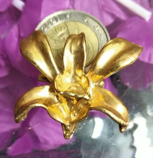 ORCHID either Brooch or NECKLACE also has loop for chain Pendant - Gold tone metal