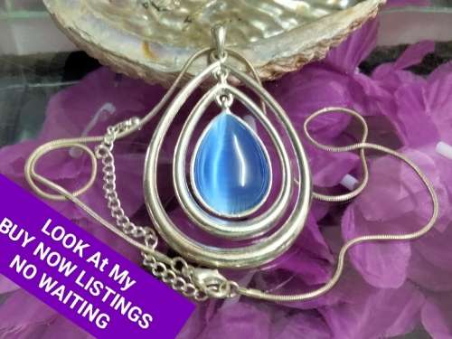 Necklace Pendant- 3 Rings blue Moon Silver tone metal+Chain MOD.LOOK At My BUY NOW ltems NO WAITING