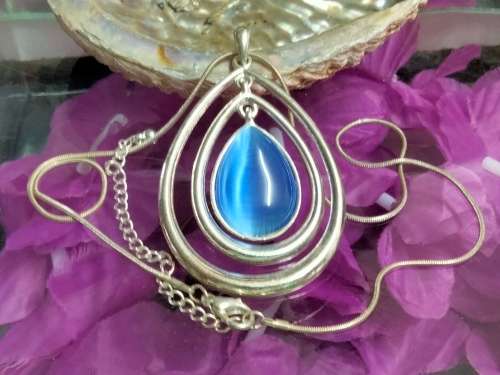 Necklace Pendant- 3 Rings blue Moon Silver tone metal+Chain MOD.LOOK At My BUY NOW ltems NO WAITING