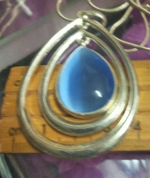 Necklace Pendant- 3 Rings blue Moon Silver tone metal+Chain MOD.LOOK At My BUY NOW ltems NO WAITING