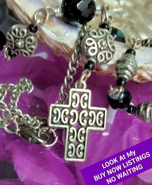 Necklace Pendant -CROSS - graduating beadSilver tone metal+Chain MOD.LOOKatMy BUY NOWltemsNO WAITING
