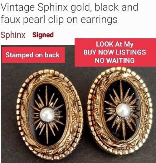 Earrings clip on-RARE SPHINX Black cut glass faux pearl Root 1947/1970Chiswick UK Mourning Jewelry