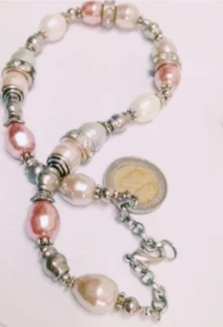NECKLACE - Pearls Pink large bespoke Faux+ cream crystal embellished metal spacers