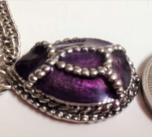 Necklace - Pendant Egyptian SCARAB Cloisonne PURPLE ENAMEL TRIM +  metal CHAIN silver tone