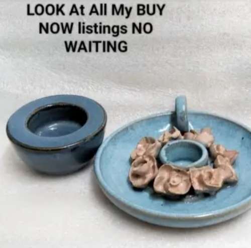 Candle holders -1 PINK Roses+1 Plain Pottery LOOK At My BUY NOW listings NO WAITING