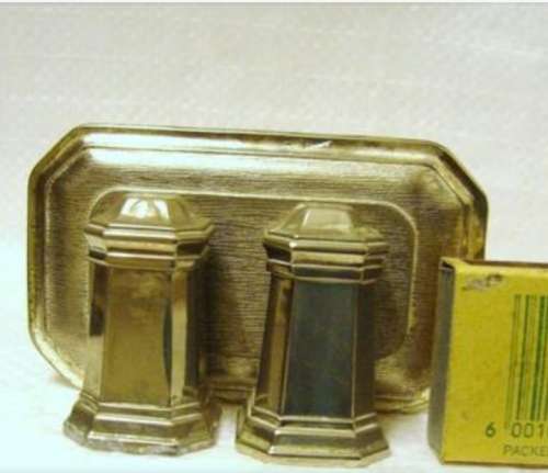 SALTS - 2 SALT+PEPPER POTS+TRAY Art Deco  Silver tone Metal Light house shape