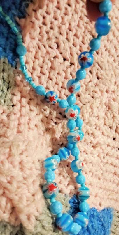 Necklace - Murano Blue Glass Red flowers different Shapes +Sizes