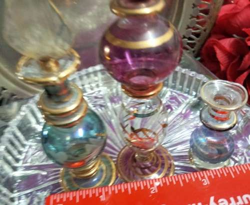 3 Perfume Bottles+Stoppers+Daubers+1 Glass Vanity Tray Egyptian hand blown Empty