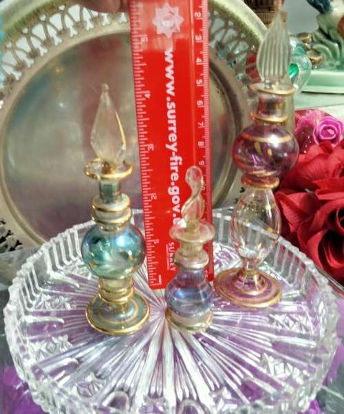 3 Perfume Bottles+Stoppers+Daubers+1 Glass Vanity Tray Egyptian hand blown Empty