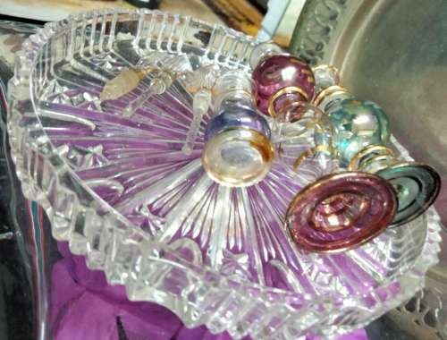 3 Perfume Bottles+Stoppers+Daubers+1 Glass Vanity Tray Egyptian hand blown Empty