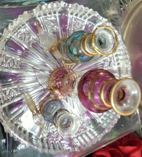 3 Perfume Bottles+Stoppers+Daubers+1 Glass Vanity Tray Egyptian hand blown Empty