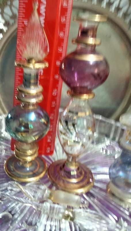 3 Perfume Bottles+Stoppers+Daubers+1 Glass Vanity Tray Egyptian hand blown Empty
