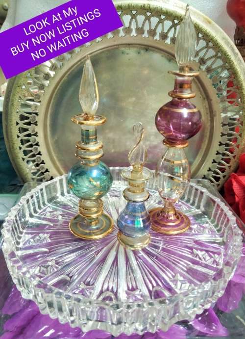 3 Perfume Bottles+Stoppers+Daubers+1 Glass Vanity Tray Egyptian hand blown Empty