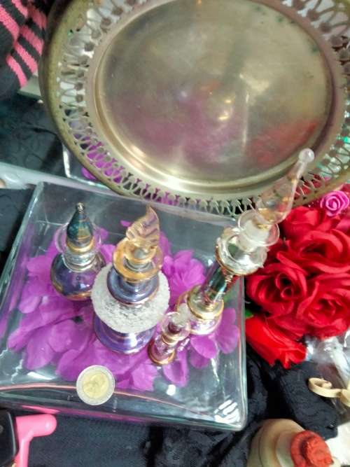 4 Perfume Bottles+Stoppers EGYPTIAN  hand blown Glass Empty - LOOK At My BUY NOW LISTINGS NO WAITING