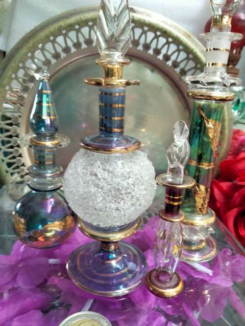4 Perfume Bottles+Stoppers EGYPTIAN  hand blown Glass Empty - LOOK At My BUY NOW LISTINGS NO WAITING