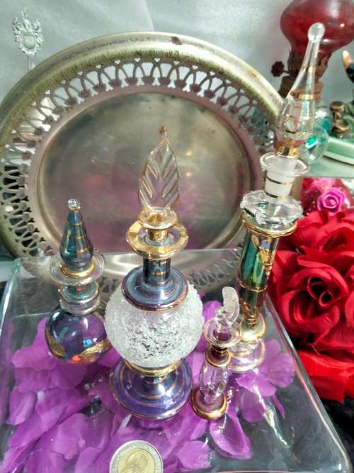 4 Perfume Bottles+Stoppers EGYPTIAN  hand blown Glass Empty - LOOK At My BUY NOW LISTINGS NO WAITING