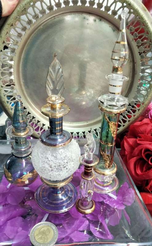 4 Perfume Bottles+Stoppers EGYPTIAN  hand blown Glass Empty - LOOK At My BUY NOW LISTINGS NO WAITING