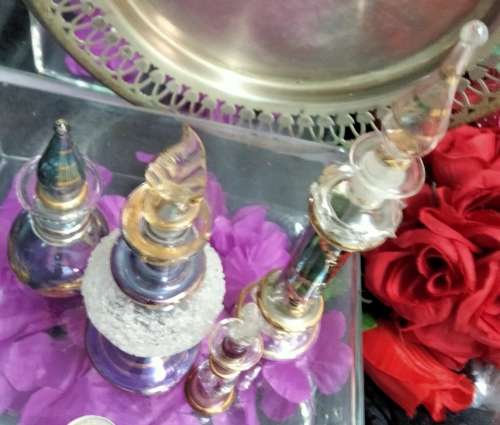 4 Perfume Bottles+Stoppers EGYPTIAN  hand blown Glass Empty - LOOK At My BUY NOW LISTINGS NO WAITING