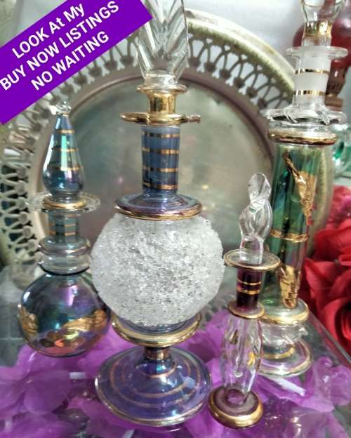 4 Perfume Bottles+Stoppers EGYPTIAN  hand blown Glass Empty - LOOK At My BUY NOW LISTINGS NO WAITING