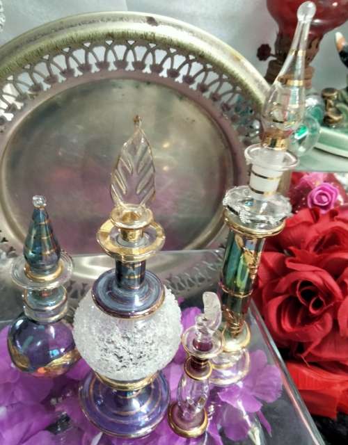 4 Perfume Bottles+Stoppers EGYPTIAN  hand blown Glass Empty - LOOK At My BUY NOW LISTINGS NO WAITING