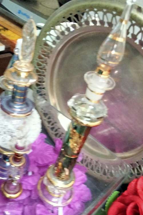 4 Perfume Bottles+Stoppers EGYPTIAN  hand blown Glass Empty - LOOK At My BUY NOW LISTINGS NO WAITING