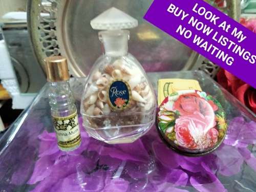 2 glass Perfume BOTTLES+ lids1has sea shells+ 1 Tin emptyLOOK At All My BUY NOW Listings NO WAITING