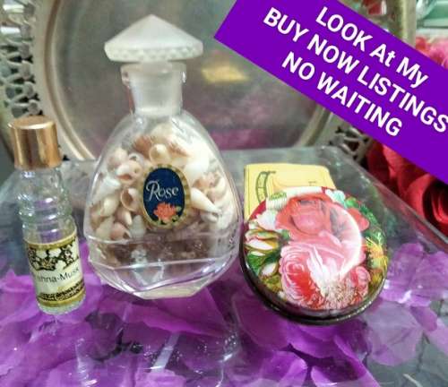 2 glass Perfume BOTTLES+ lids1has sea shells+ 1 Tin emptyLOOK At All My BUY NOW Listings NO WAITING