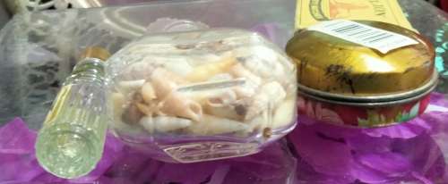 2 glass Perfume BOTTLES+ lids1has sea shells+ 1 Tin emptyLOOK At All My BUY NOW Listings NO WAITING
