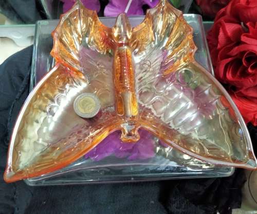 Carnival Glass dish - 1 BUTTERFLY  Beautiful+1 small lampshade  hand painted some damaged