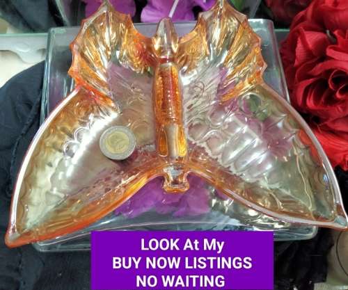 Carnival Glass dish - 1 BUTTERFLY  Beautiful+1 small lampshade  hand painted some damaged