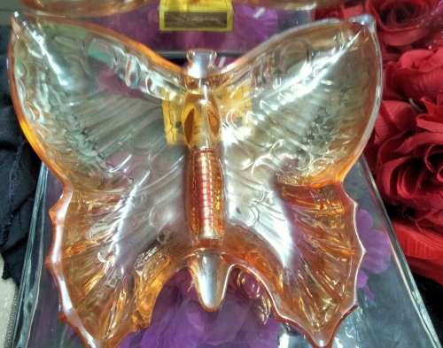 Carnival Glass dish - 1 BUTTERFLY  Beautiful+1 small lampshade  hand painted some damaged