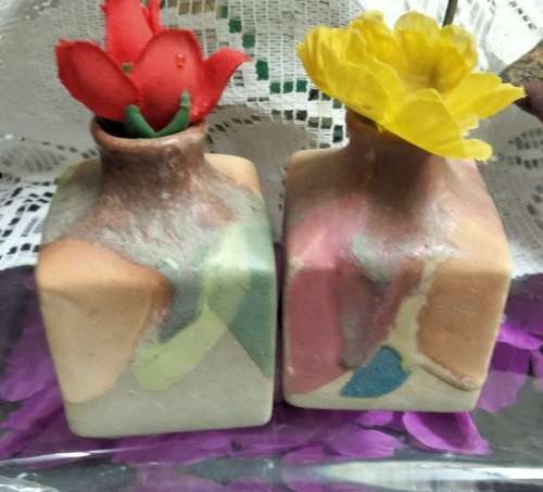 Vase -  2 Posy -Pottery Multicolour Glaze Pink Blue Green decor