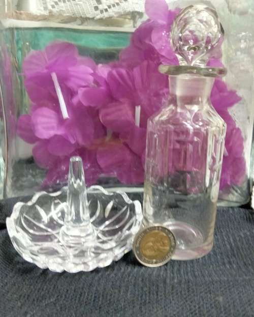 PERFUME bottle1 Clear impressed thumbies+I Cut Crystal Ring Holder Trinket bowl
