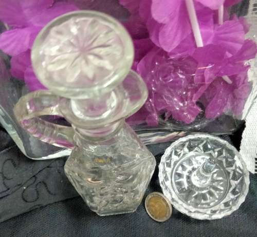 PERFUME decanter 1 Clear Vintage Glass empty+I Cut Crystal Ring Holder Trinket bowl