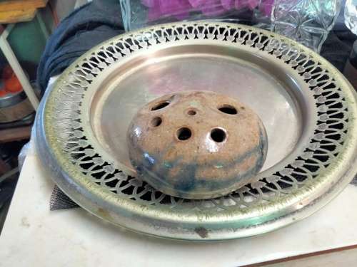1 Pottery flower frog different size holes blue decor