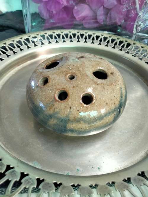 1 Pottery flower frog different size holes blue decor