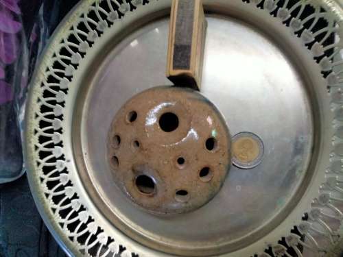 1 Pottery flower frog different size holes blue decor