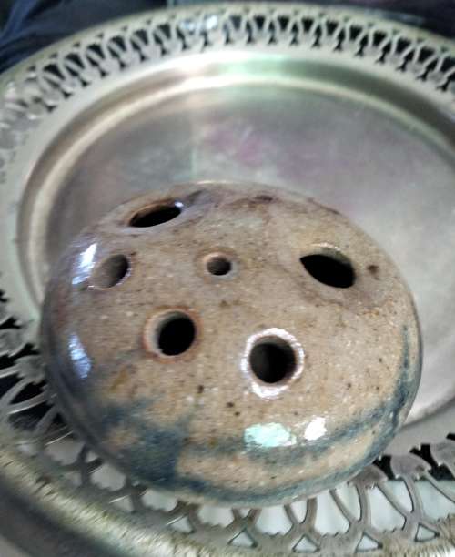 1 Pottery flower frog different size holes blue decor