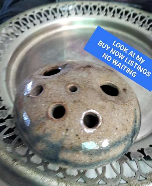 1 Pottery flower frog different size holes blue decor