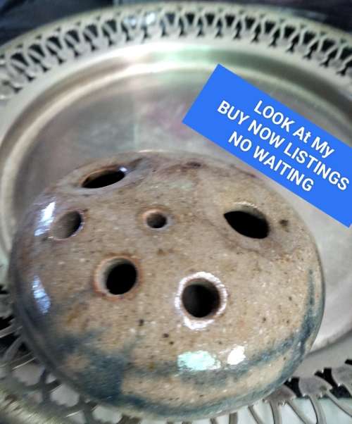 1 Pottery flower frog different size holes blue decor