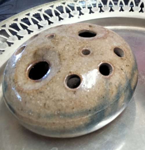 1 Pottery flower frog different size holes blue decor