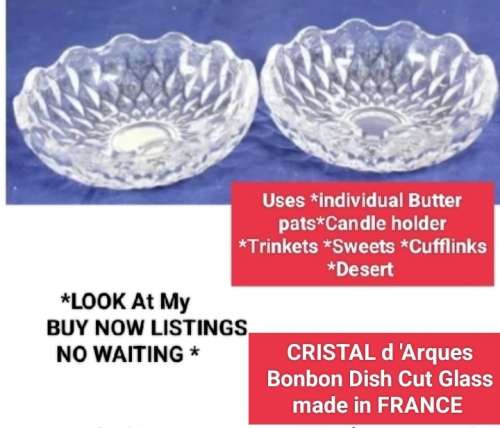 1 Glass box Lidded -2 piece Crystal d `Arques  Box+ label*Trinket*Butter Pats*Desert Sweet Cufflinks
