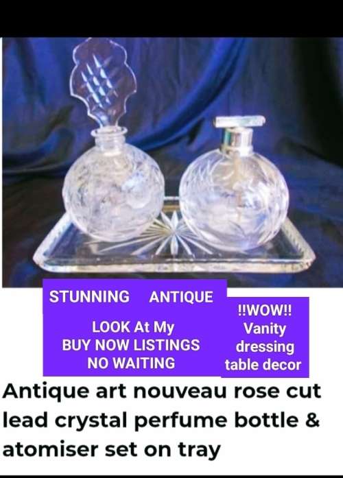 Antique Art Nouveau ROSE cut crystal Perfume+Atomiser set trayLook at My BUY NOW Listings No WAITING
