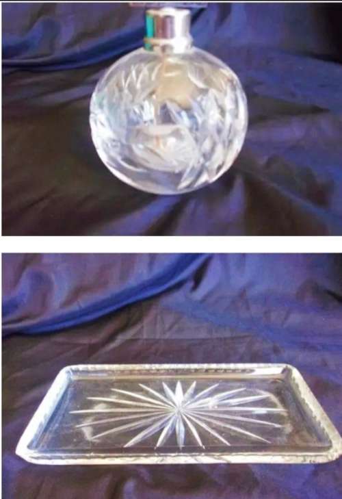 Antique Art Nouveau ROSE cut crystal Perfume+Atomiser set trayLook at My BUY NOW Listings No WAITING