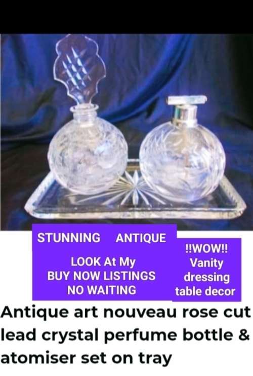 Antique Art Nouveau ROSE cut crystal Perfume+Atomiser set trayLook at My BUY NOW Listings No WAITING