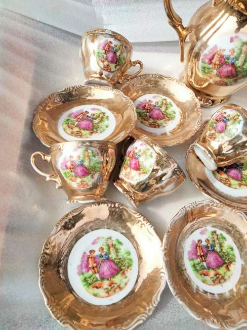 Romantic Couple  Porcelain Tea Set Showing ware to gilt coating-Damage LOOK At My BUY NOW NO WAITING