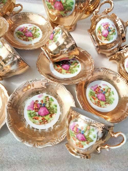 Romantic Couple  Porcelain Tea Set Showing ware to gilt coating-Damage LOOK At My BUY NOW NO WAITING