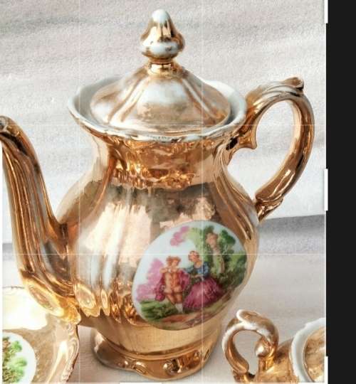 Romantic Couple  Porcelain Tea Set Showing ware to gilt coating-Damage LOOK At My BUY NOW NO WAITING