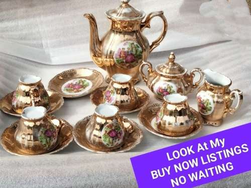 Romantic Couple  Porcelain Tea Set Showing ware to gilt coating-Damage LOOK At My BUY NOW NO WAITING