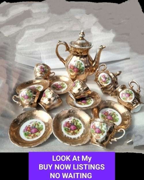 Romantic Couple  Porcelain Tea Set Showing ware to gilt coating-Damage LOOK At My BUY NOW NO WAITING